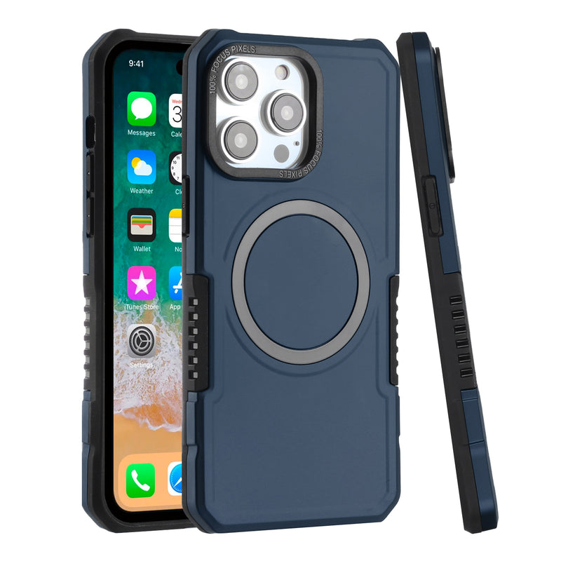 For Apple iPhone 14 PRO MAX 6.7" Grip Case with Metal Ring For Wireless Charging Case Cover - Dark Blue