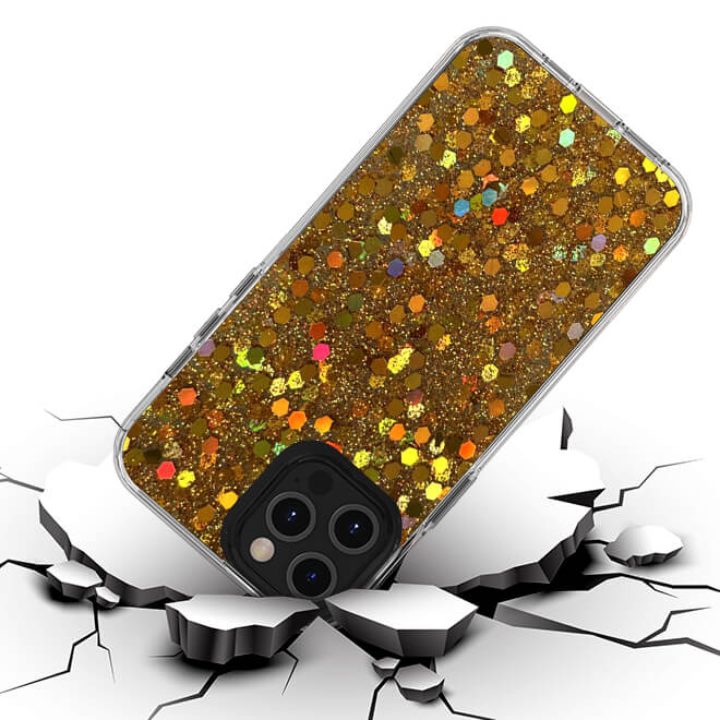 For iPhone 13 Pro Mesmerize Full Epoxy Glitter Sparkle Hybrid Case Cover - Gold