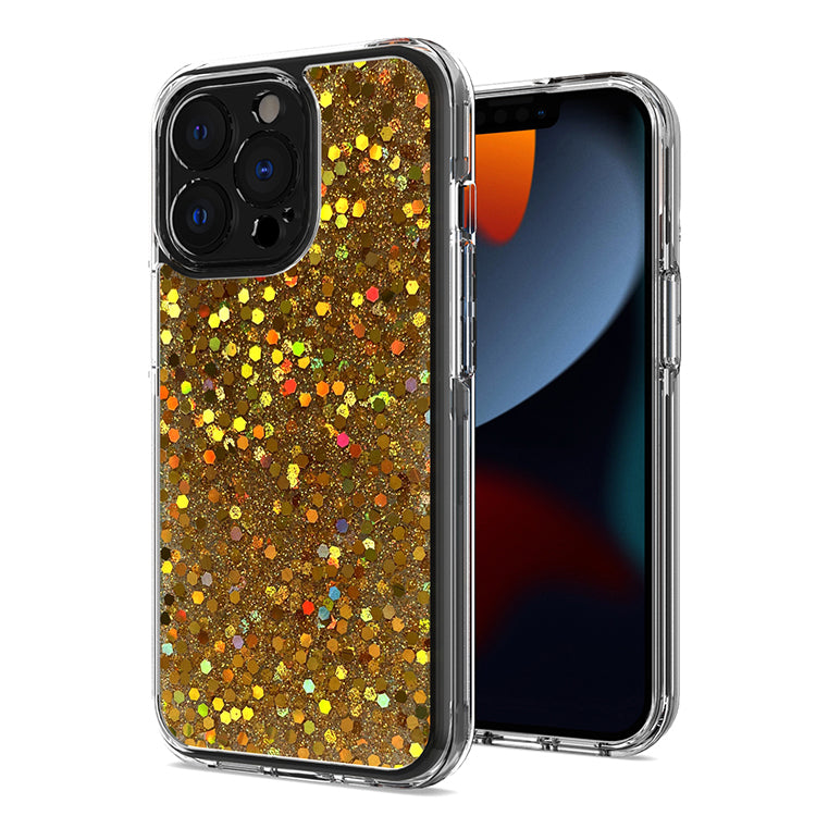 For iPhone 13 Pro Mesmerize Full Epoxy Glitter Sparkle Hybrid Case Cover - Gold