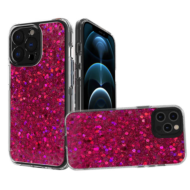 For iPhone 13 Pro Mesmerize Full Epoxy Glitter Sparkle Hybrid Case Cover - Pink