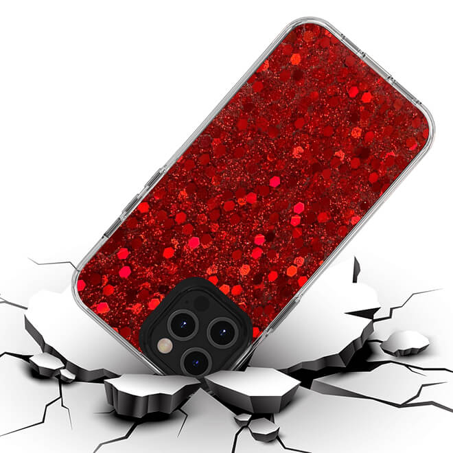 For iPhone 13 Pro Mesmerize Full Epoxy Glitter Sparkle Hybrid Case Cover - Red
