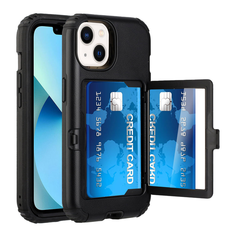 For iPhone 13 Pro Card Holder (Upto 2) with Mirror Hybrid Shockproof Case Cover - Black