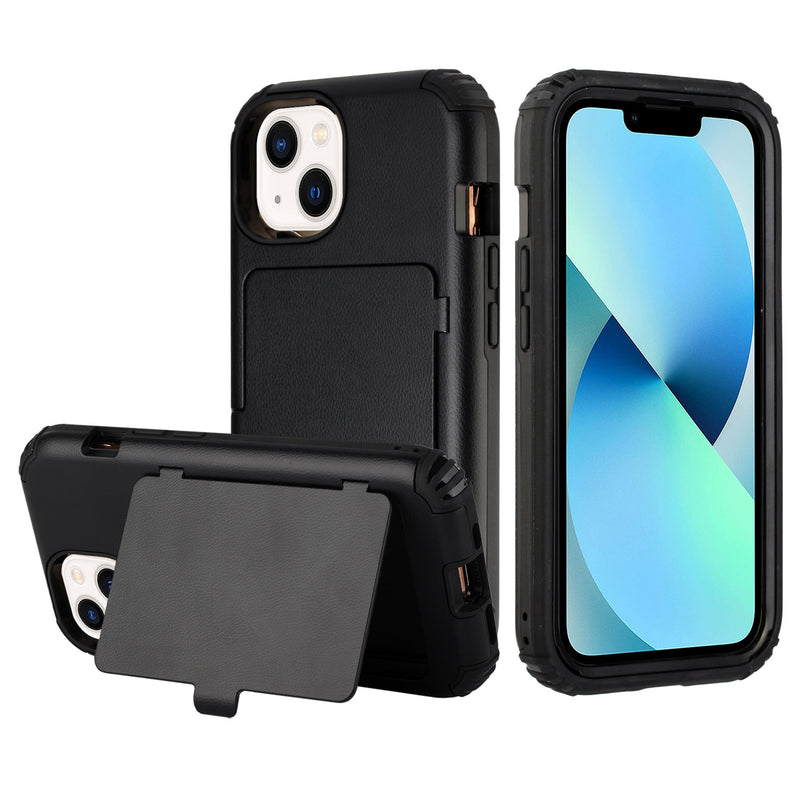 For iPhone 13 Pro Card Holder (Upto 2) with Mirror Hybrid Shockproof Case Cover - Black