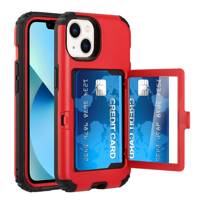 For iPhone 13 Pro Card Holder (Upto 2) with Mirror Hybrid Shockproof Case Cover - Red