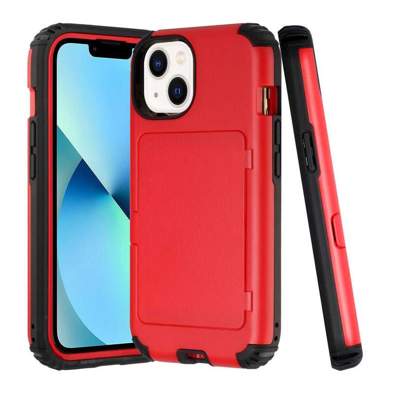 For iPhone 13 Pro Card Holder (Upto 2) with Mirror Hybrid Shockproof Case Cover - Red