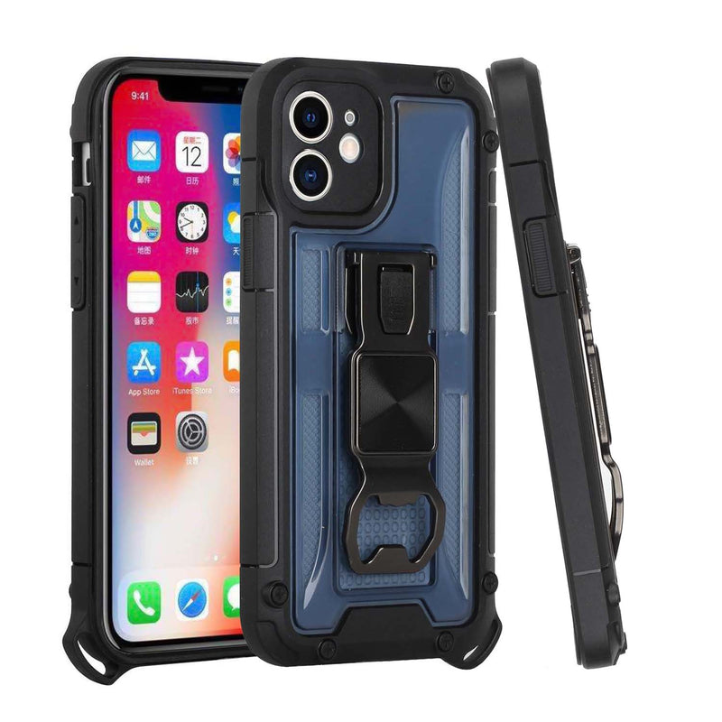 For iPhone 13 Pro Max Opener Metal Magnetic Kickstand Hybrid Case Cover - Dark Blue