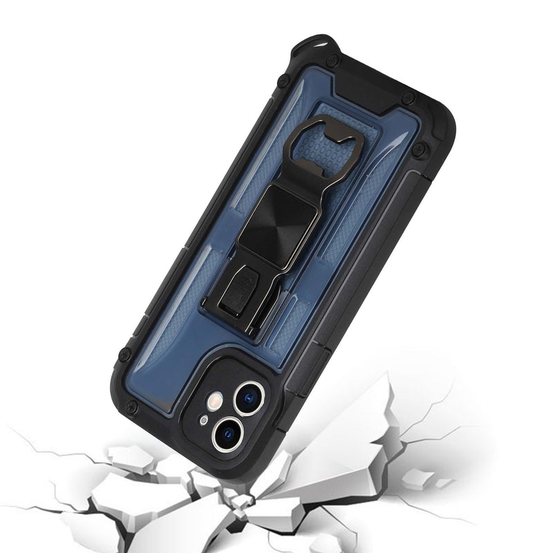 For iPhone 13 Pro Max Opener Metal Magnetic Kickstand Hybrid Case Cover - Dark Blue