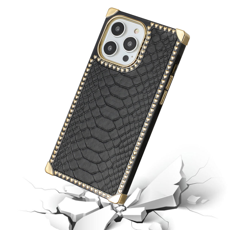 For Apple iPhone 14 PRO MAX 6.7" Premium PU Leather Square Heart Hybrid Case - Black