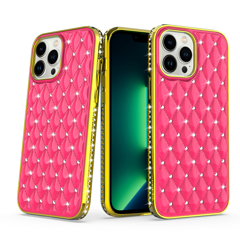 For iPhone 13 Pro Max Radiant Chrome Diamonds Hybrid Case Cover - Hot Pink