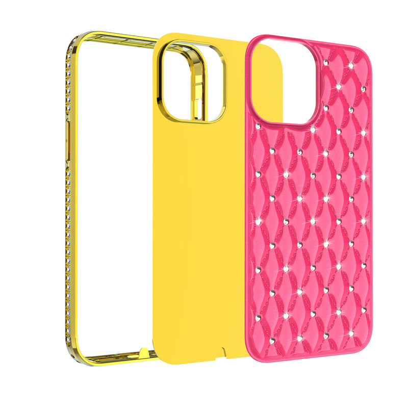 For iPhone 13 Pro Max Radiant Chrome Diamonds Hybrid Case Cover - Hot Pink