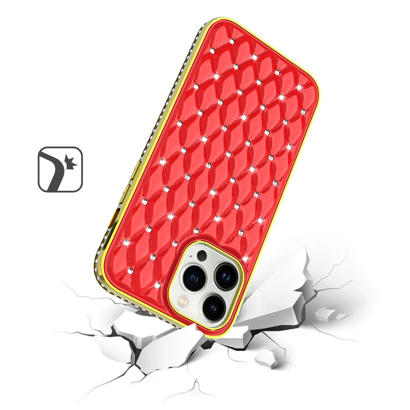 For iPhone 13 Pro Max Radiant Chrome Diamonds Hybrid Case Cover - Red