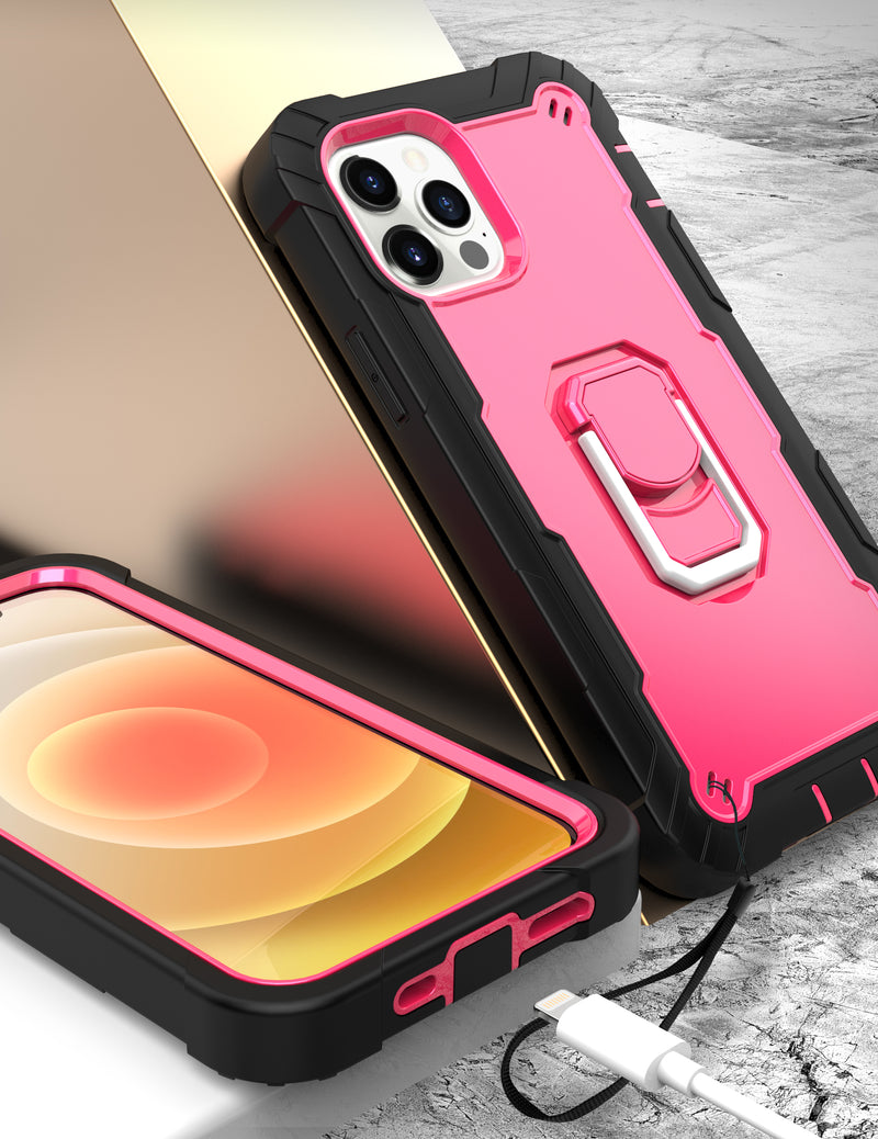 For iPhone 13 Pro Sculptor Tough 3in1 Ring Stand Hybrid Case Cover - Black/Pink