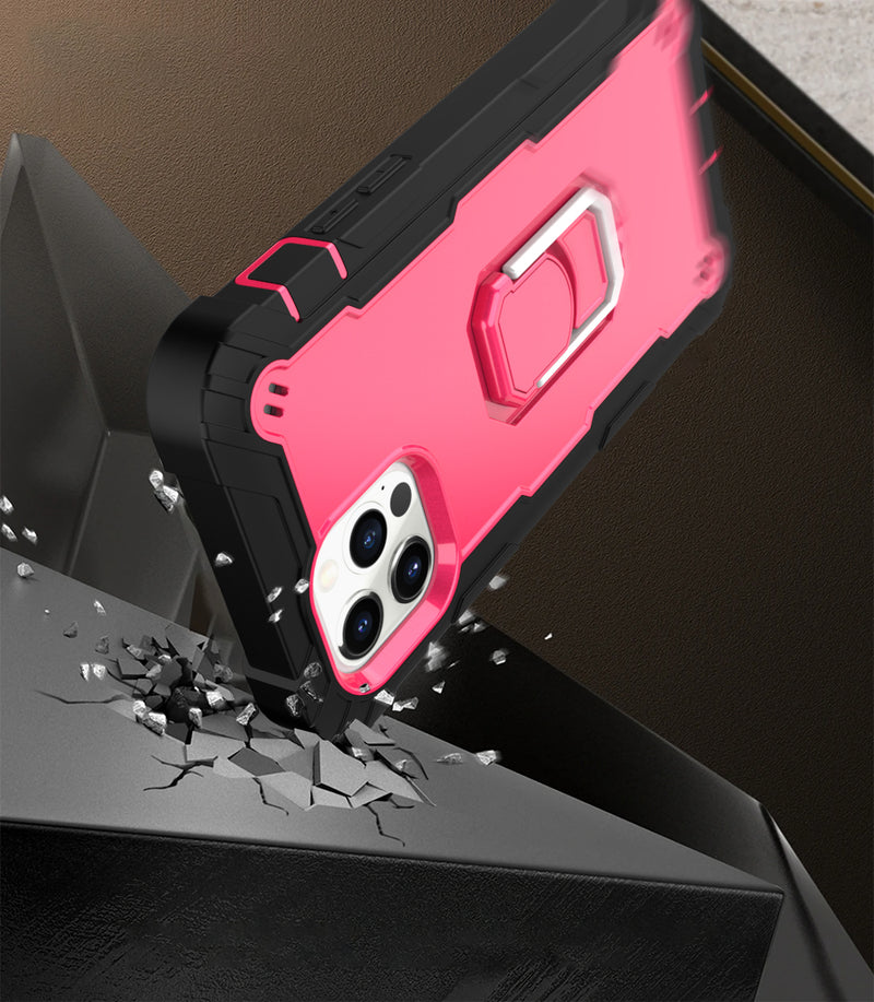 For iPhone 13 Pro Sculptor Tough 3in1 Ring Stand Hybrid Case Cover - Black/Pink