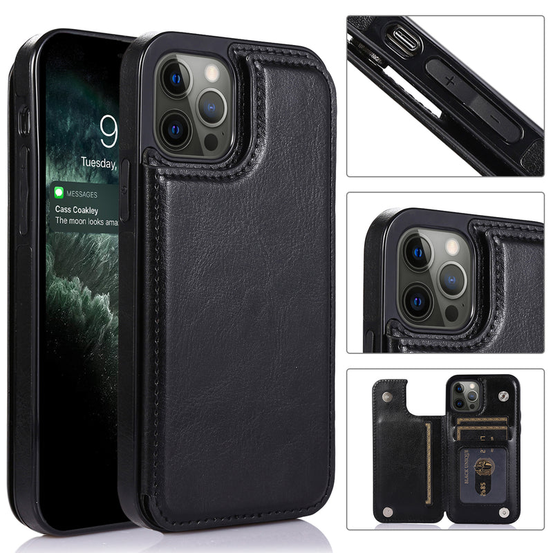 For iPhone 13 6.1 Luxury Side Magnetic Button Card ID Holder PU Leather Case Cover - Black