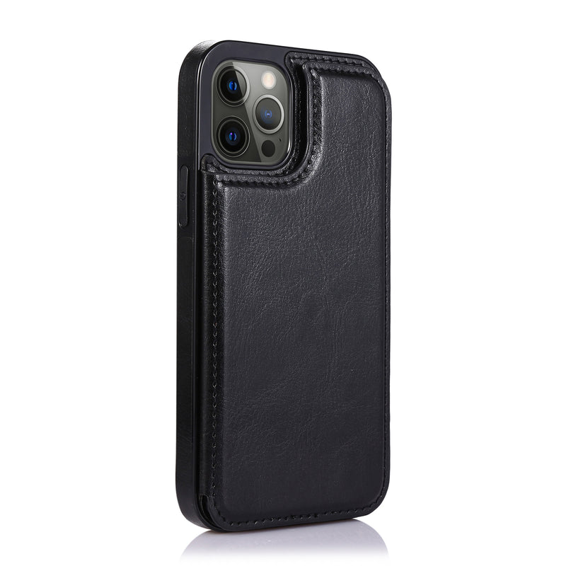 For iPhone 13 Pro Max Luxury Side Magnetic Button Card ID Holder PU Leather Case Cover - Black