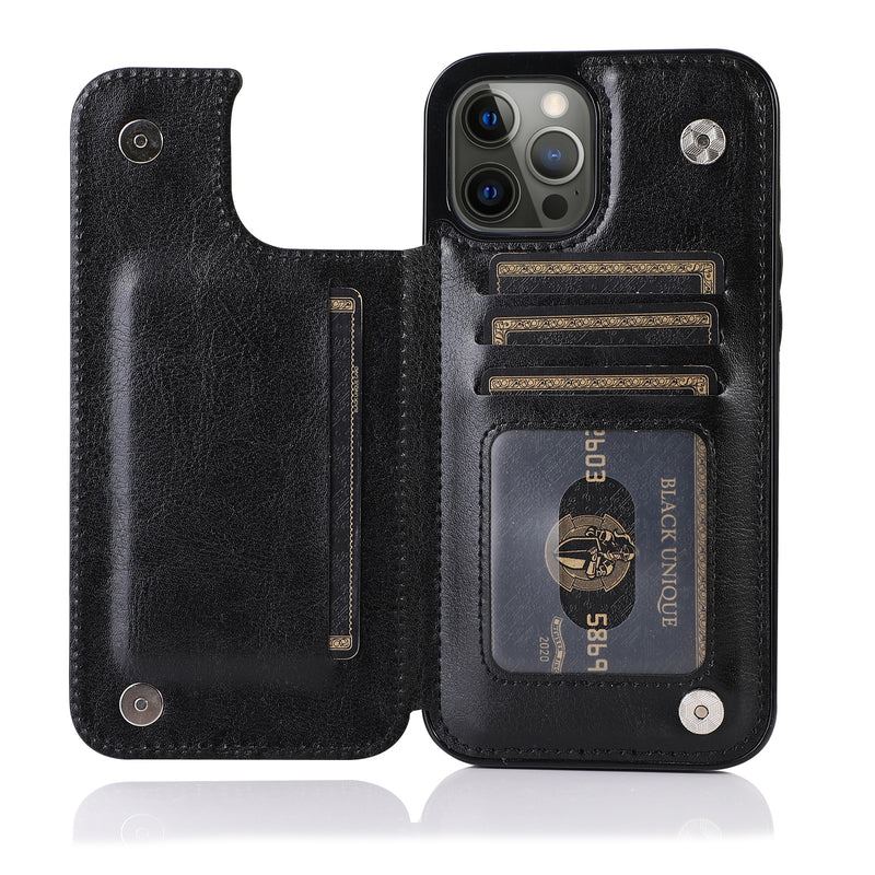 For iPhone 13 6.1 Luxury Side Magnetic Button Card ID Holder PU Leather Case Cover - Black