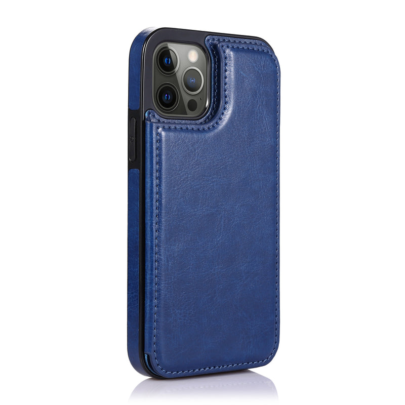For iPhone 13 Pro Max Luxury Side Magnetic Button Card ID Holder PU Leather Case Cover - Dark Blue