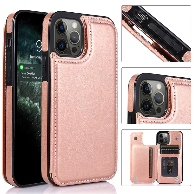 For iPhone 13 6.1 Luxury Side Magnetic Button Card ID Holder PU Leather Case Cover - Rose Gold