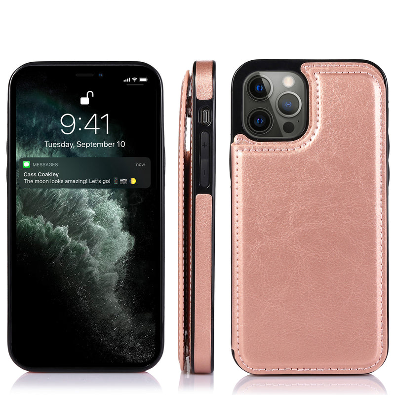 For iPhone 13 6.1 Luxury Side Magnetic Button Card ID Holder PU Leather Case Cover - Rose Gold