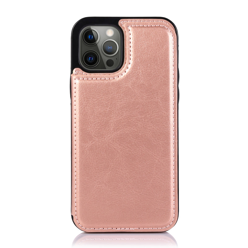 For iPhone 13 6.1 Luxury Side Magnetic Button Card ID Holder PU Leather Case Cover - Rose Gold