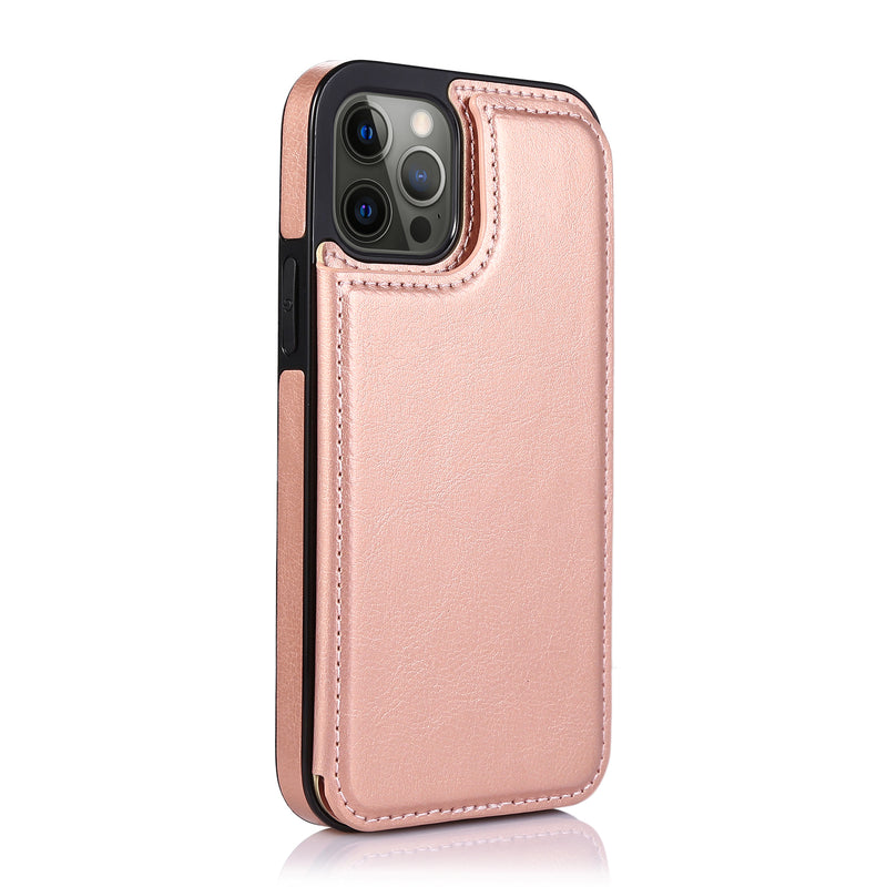 For iPhone 13 6.1 Luxury Side Magnetic Button Card ID Holder PU Leather Case Cover - Rose Gold