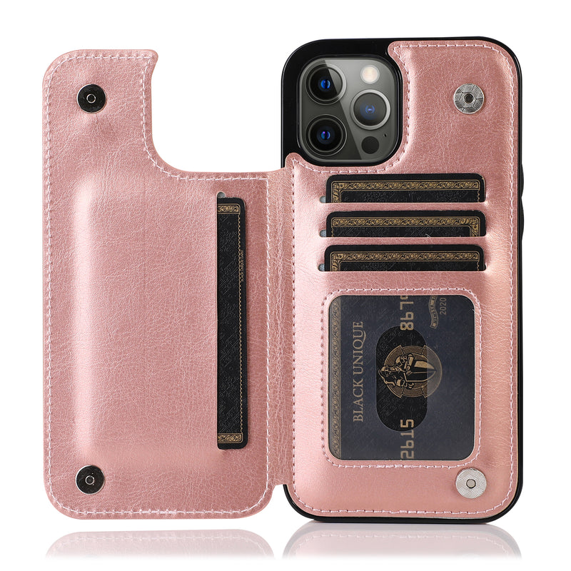 For iPhone 13 Pro Luxury Side Magnetic Button Card ID Holder PU Leather Case Cover - Rose Gold
