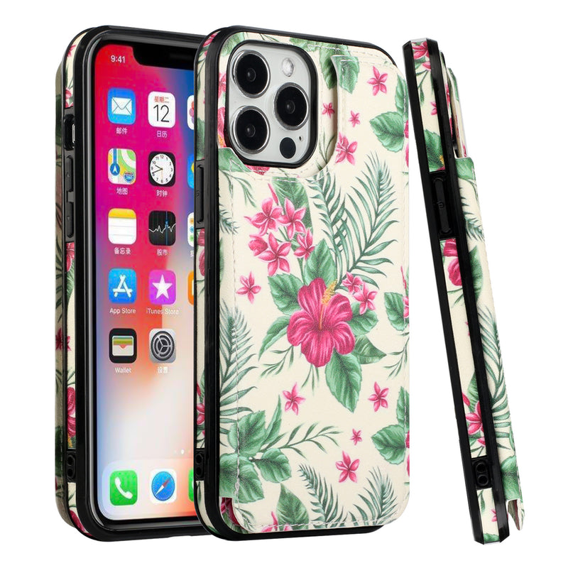 For iPhone 13 Pro Max Luxury Side Magnetic Button Card ID Holder PU Leather Case Cover - Foral A
