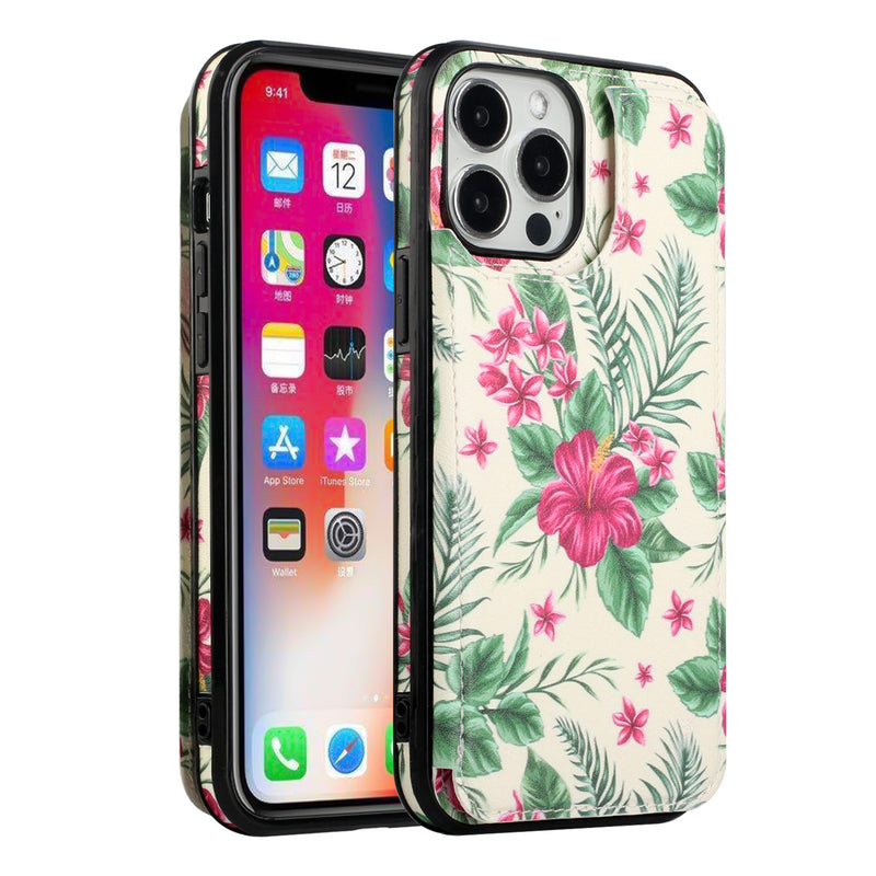 For iPhone 13 Pro Max Luxury Side Magnetic Button Card ID Holder PU Leather Case Cover - Foral A