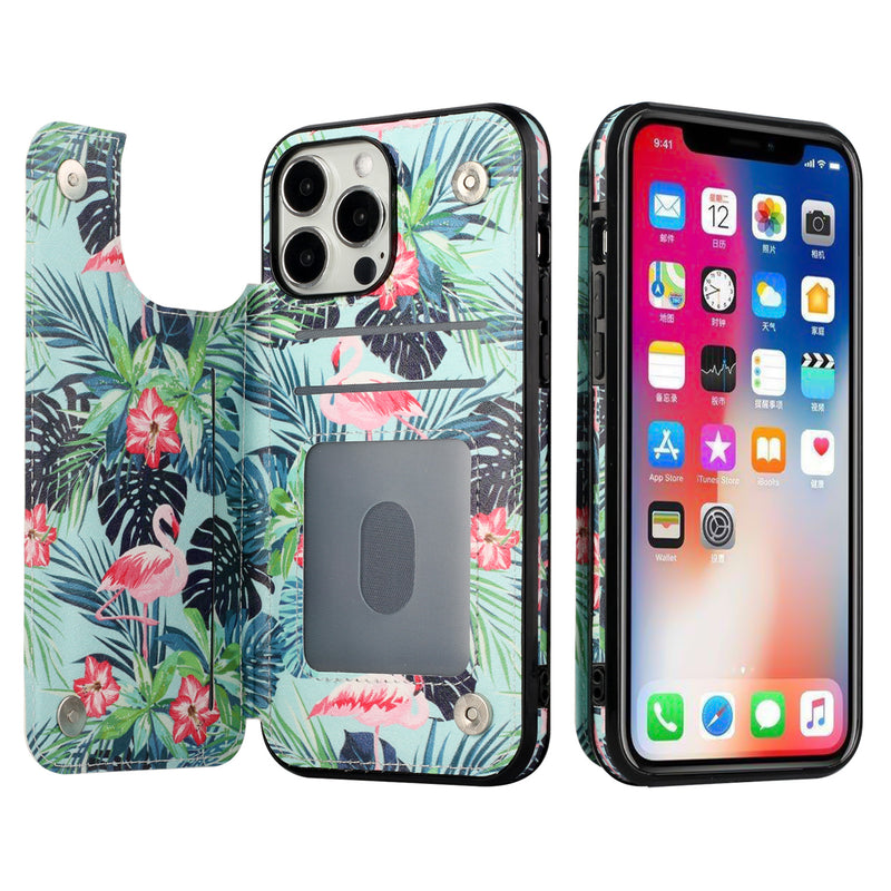 For iPhone 13 Pro Max Luxury Side Magnetic Button Card ID Holder PU Leather Case Cover - Foral B