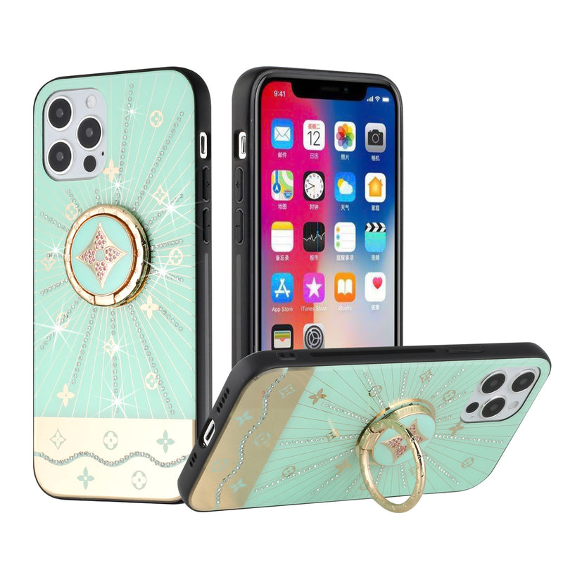 For iPhone 13 Pro SPLENDID Diamond Glitter Ornaments Engraving Case Cover - Harmony Rays Teal