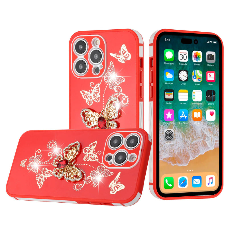 For Apple iPhone 14 PRO MAX 6.7" SPLENDID Glitter Butterfly Design TPU Case Cover - Red