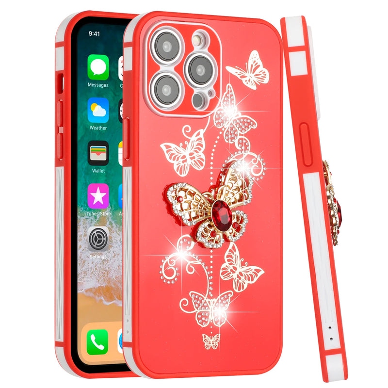 For Apple iPhone 14 PRO MAX 6.7" SPLENDID Glitter Butterfly Design TPU Case Cover - Red