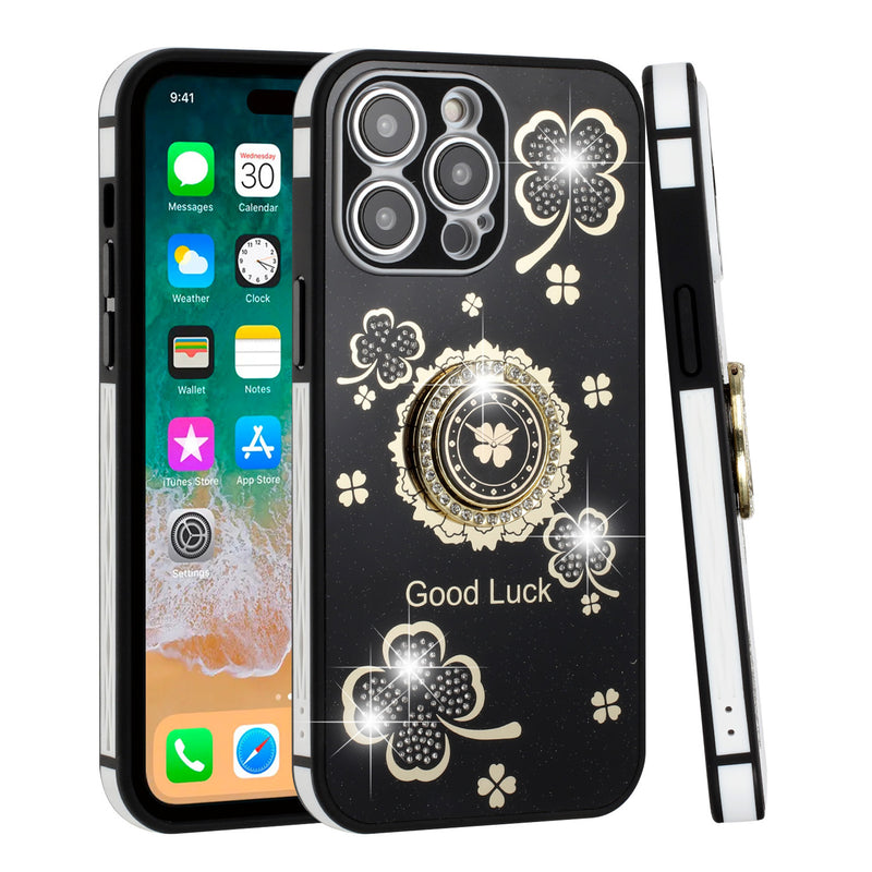 For Apple iPhone 14 PRO MAX 6.7" SPLENDID Glitter Good Luck Floral Design TPU Case Cover - Black