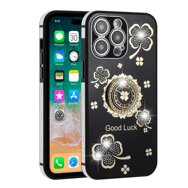 For Apple iPhone 14 PRO MAX 6.7" SPLENDID Glitter Good Luck Floral Design TPU Case Cover - Black