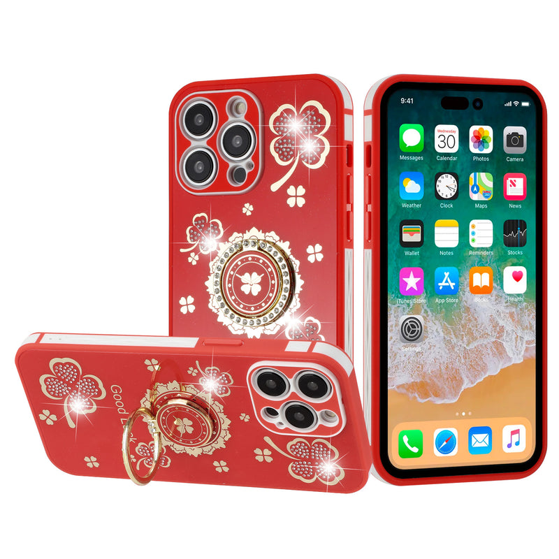 For Apple iPhone 14 PRO MAX 6.7" SPLENDID Glitter Good Luck Floral Design TPU Case Cover - Red