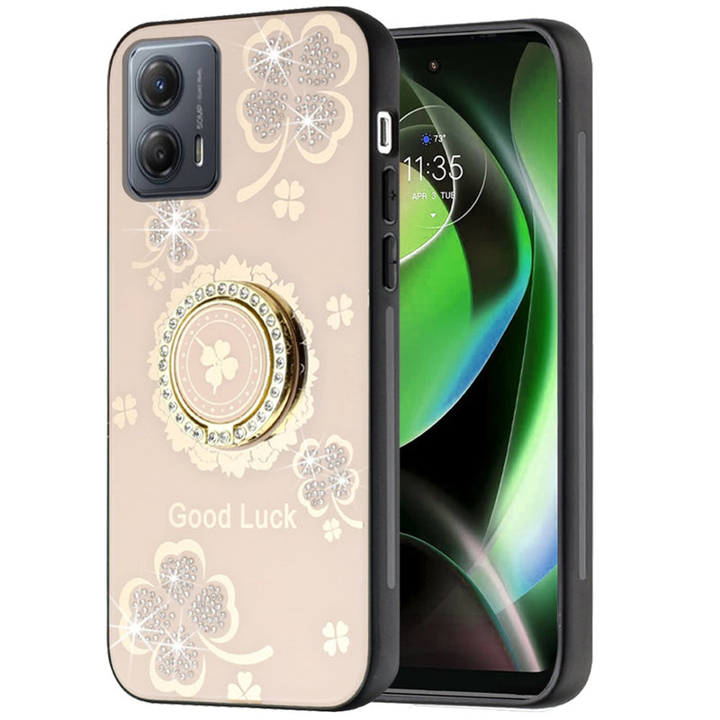 For Motorola G Stylus 5G 2023 SPLENDID Diamond Glitter Ornaments Engraving Case Cover - Good Luck Floral Gold