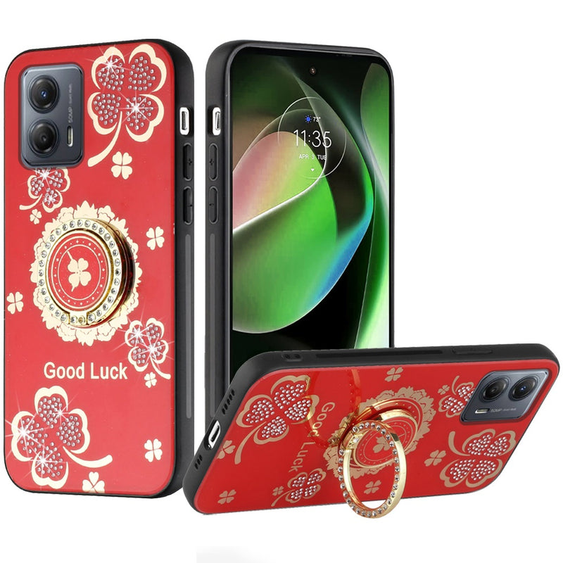 For Motorola G Stylus 5G 2023 SPLENDID Diamond Glitter Ornaments Engraving Case Cover - Good Luck Floral Red