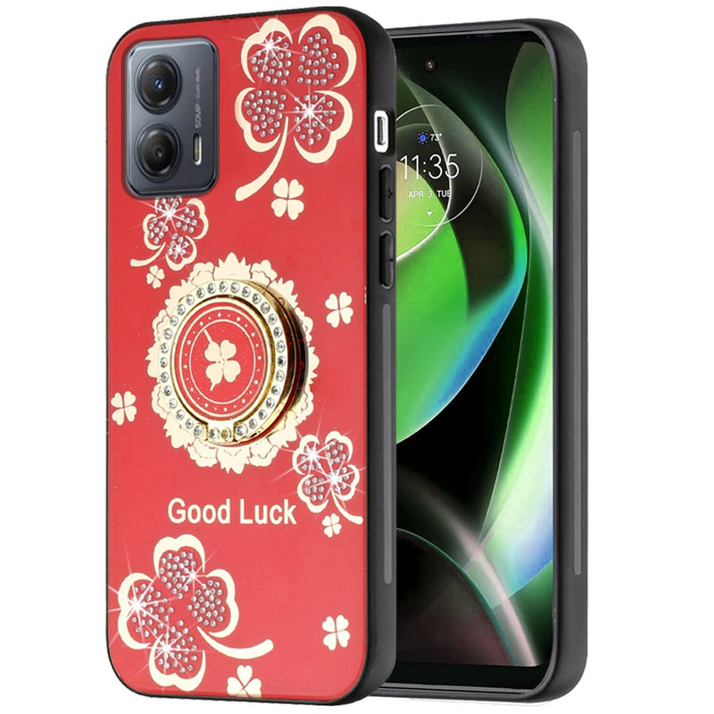 For Motorola G Stylus 5G 2023 SPLENDID Diamond Glitter Ornaments Engraving Case Cover - Good Luck Floral Red