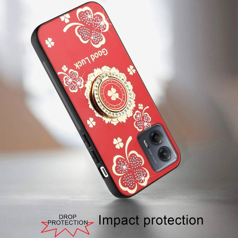 For Motorola G Stylus 5G 2023 SPLENDID Diamond Glitter Ornaments Engraving Case Cover - Good Luck Floral Red