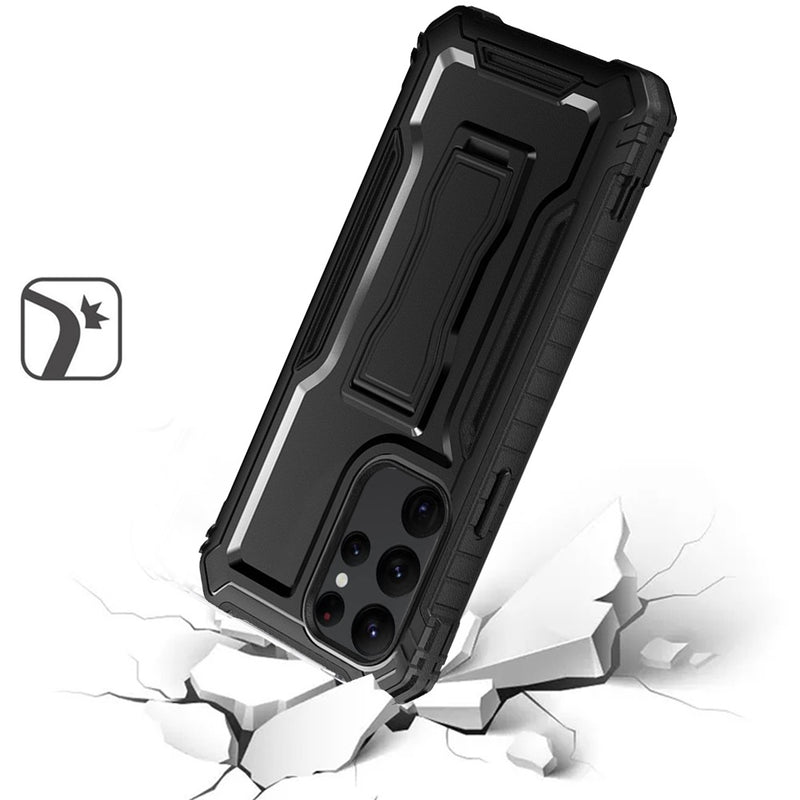 For Samsung S23 Ultra Tough 3in1 Holster Combo with Vertical Kickstand Cover Case - Black