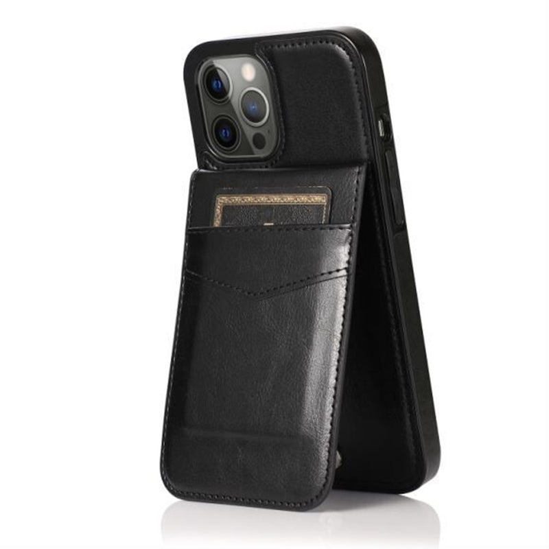 For iPhone 13 6.1 Luxury Vertical Magnetic Button Card ID Holder PU Leather Case Cover - Black