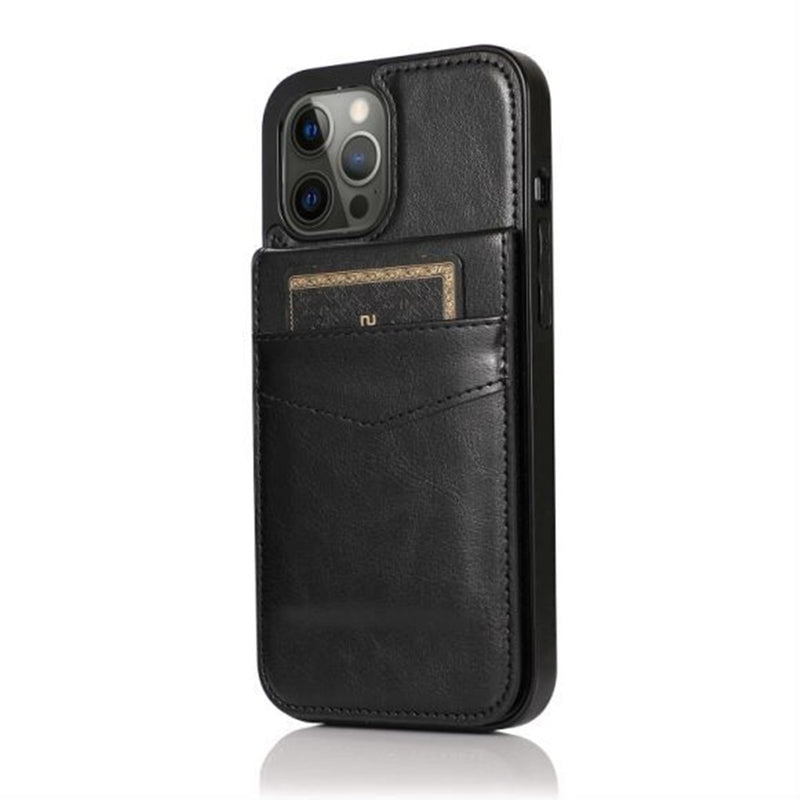 For iPhone 13 6.1 Luxury Vertical Magnetic Button Card ID Holder PU Leather Case Cover - Black