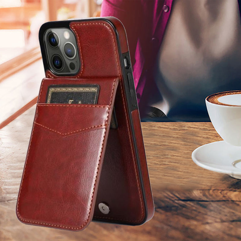 For iPhone 13 6.1 Luxury Vertical Magnetic Button Card ID Holder PU Leather Case Cover - Brown