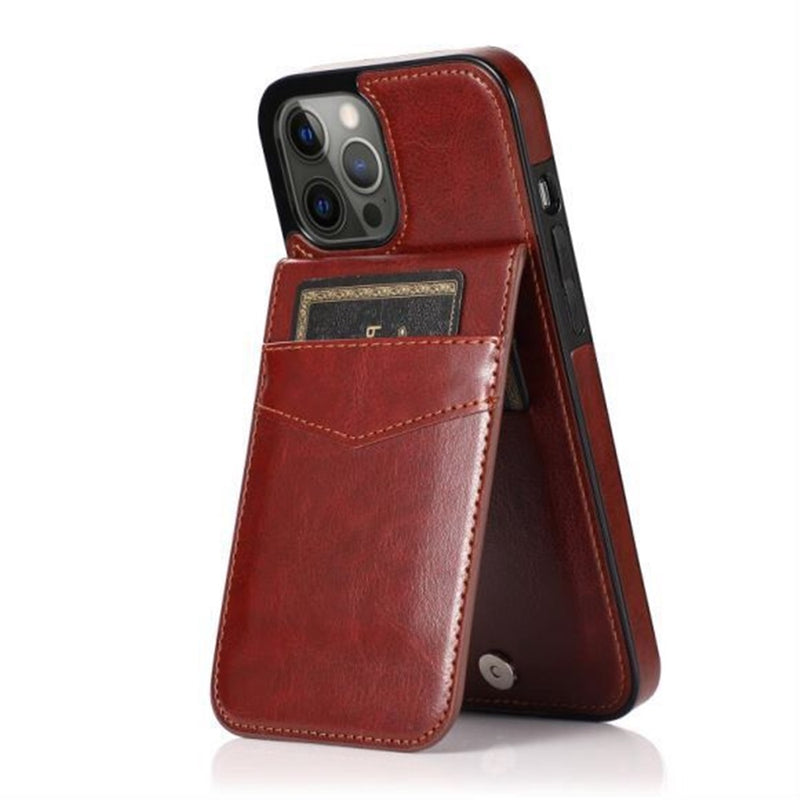 For iPhone 13 6.1 Luxury Vertical Magnetic Button Card ID Holder PU Leather Case Cover - Brown