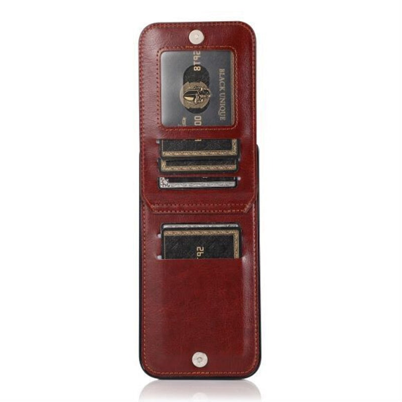 For iPhone 13 6.1 Luxury Vertical Magnetic Button Card ID Holder PU Leather Case Cover - Brown