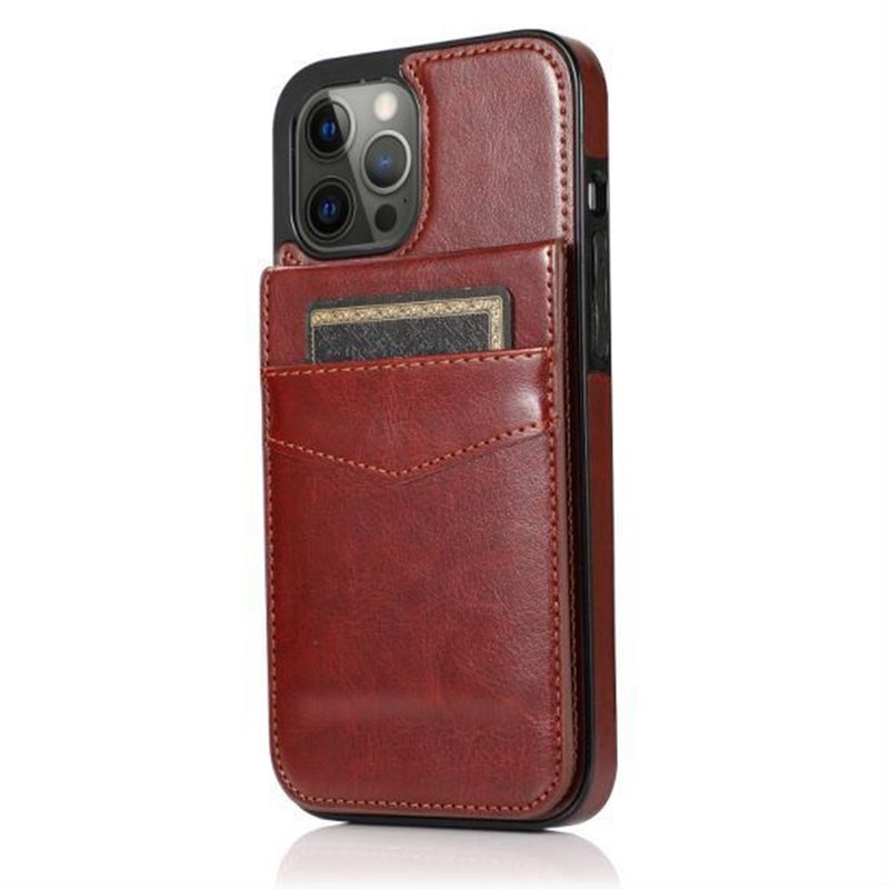 For iPhone 13 6.1 Luxury Vertical Magnetic Button Card ID Holder PU Leather Case Cover - Brown