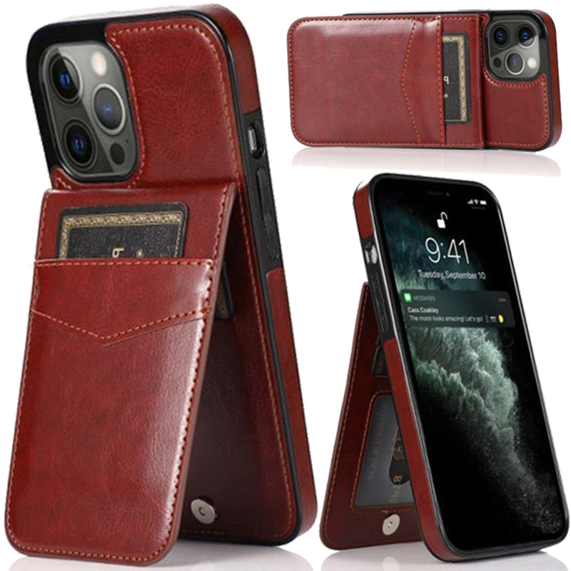 For iPhone 13 6.1 Luxury Vertical Magnetic Button Card ID Holder PU Leather Case Cover - Brown