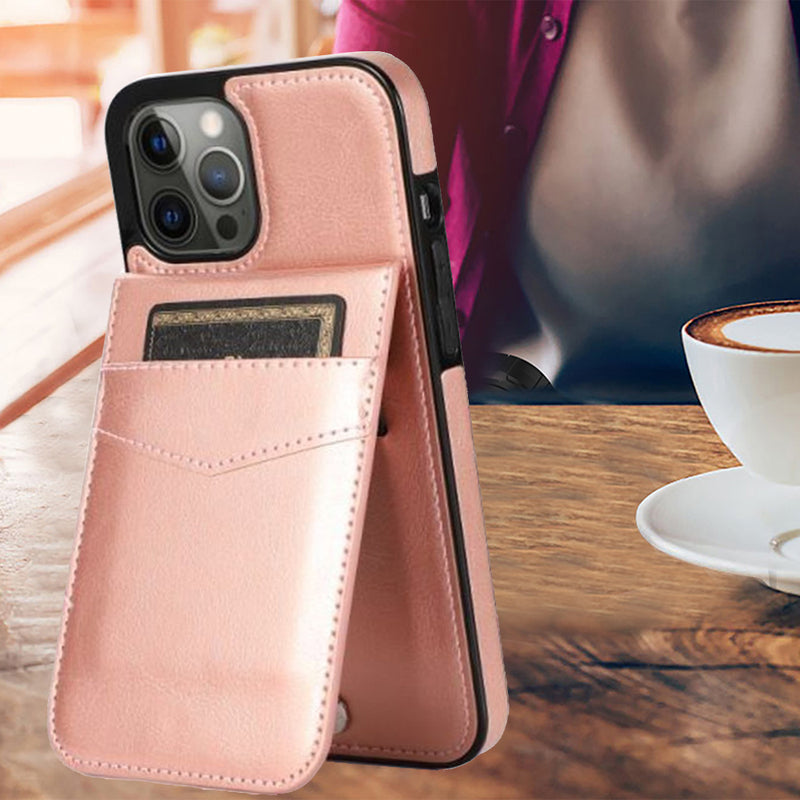 For iPhone 13 6.1 Luxury Vertical Magnetic Button Card ID Holder PU Leather Case Cover - Rose Gold