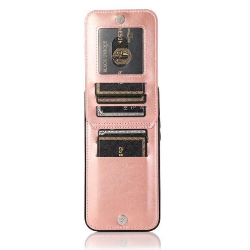 For iPhone 13 6.1 Luxury Vertical Magnetic Button Card ID Holder PU Leather Case Cover - Rose Gold