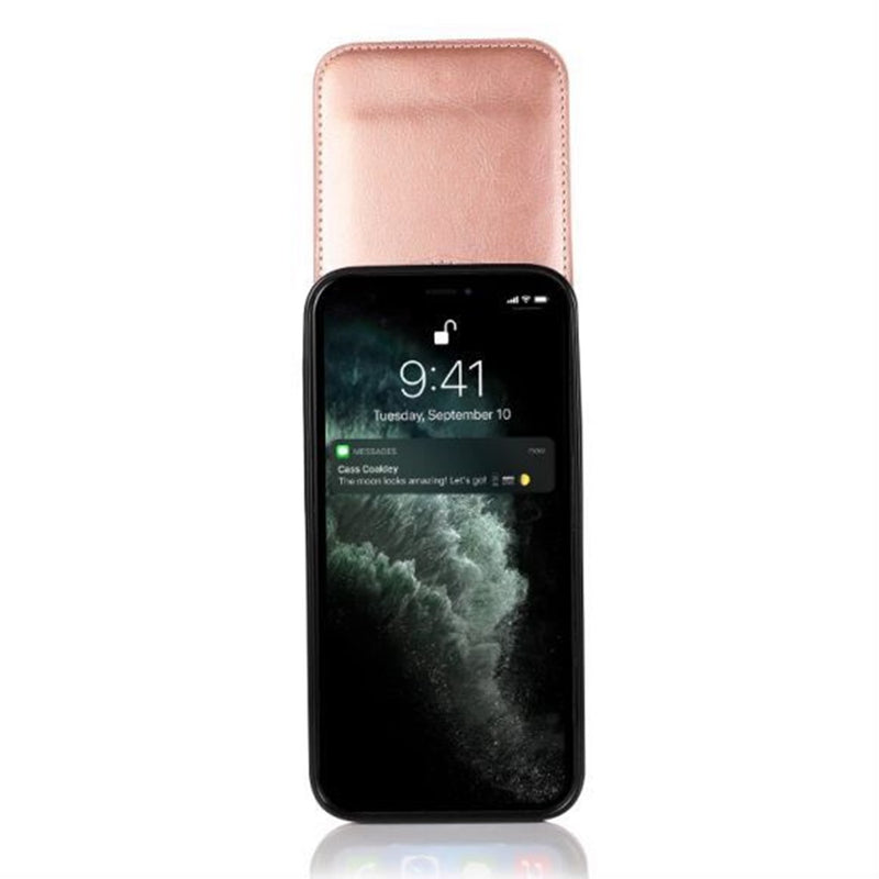 For iPhone 13 6.1 Luxury Vertical Magnetic Button Card ID Holder PU Leather Case Cover - Rose Gold